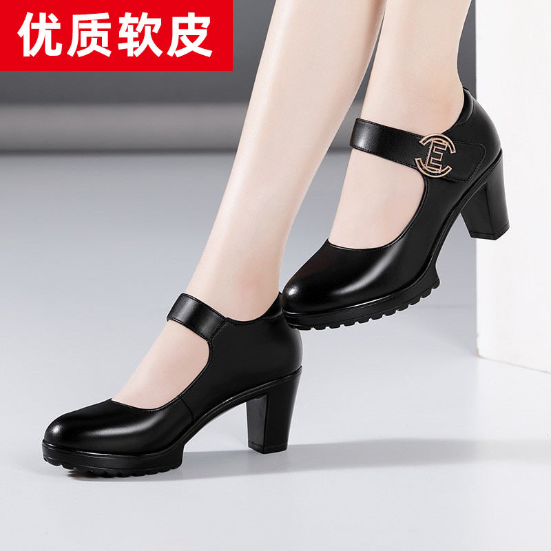 kamames Cowhide Cheongsam Model Catwalk High Heels Women's Non-Slip Round Head Thick-Soled Waterproof Platform Professional Work Shoes Women's Singles Shoes