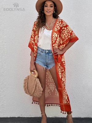 kamames Printed Fringed Long Kimono Dress Bikini Wrap Cover-ups Plus Size Women Summer Clothes Beach Wear Swim Suit Cover Up A1098