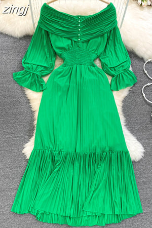 kamames Pleated Party Midi Dress Women Sexy Slash Neck Off Shoulder Flare Long Sleeve Draped Ruffle Vestidos Female New
