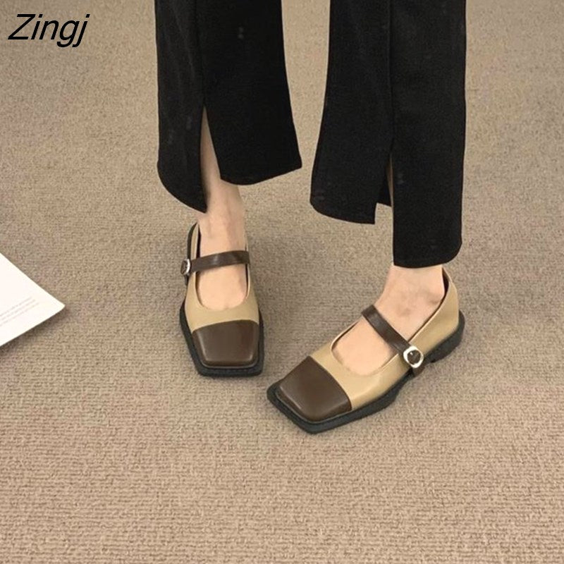 kamames Deformed Heel Autumn Luxury Chain Square Head Shallow Flat Shoes Women's Lazy Loafer Casual Flat Square Heels Lolita Shoes
