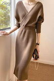 kamames French Casual V-Neck Solid Sweater Knitting Long Sleeve Dress Women Backless Knit Dress Korean Clothing Robe Autumn 2023
