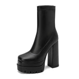 kamames Fashion Stretch Platform Women Ankle Boots Square High Heel Punk Boots Slip On Autumn Winter Female Shoes Plus Size 42 43