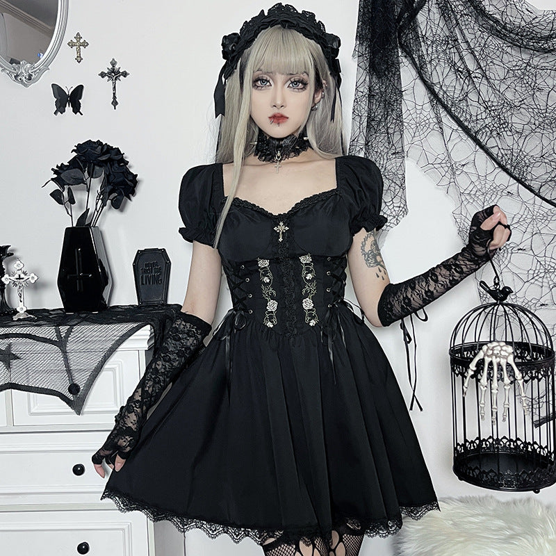 kamames Cross Print Strap Shoulder Lace Spliced Dress Dark Sexy Slim Princess Dress