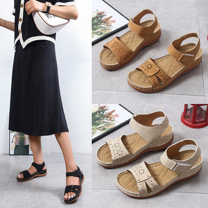 kamames Retro Leisure Roman Style Round Head Sandals Women's Shoes New Hollowed-Out Air Turbine Heel Velcro