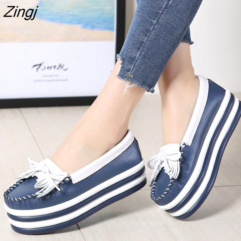 kamames spring High Quality Women Flats Platform shoes Tassel Slip-on Round Creeper black Brogue Loafers Brand