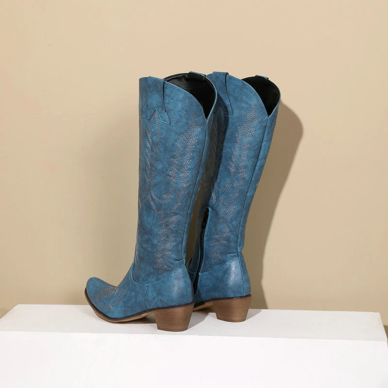 kamames Fashion Women Knee High Boots Square Low Heel Western Cowboy Boots Autumn Winter Woman Shoes Size 35-43