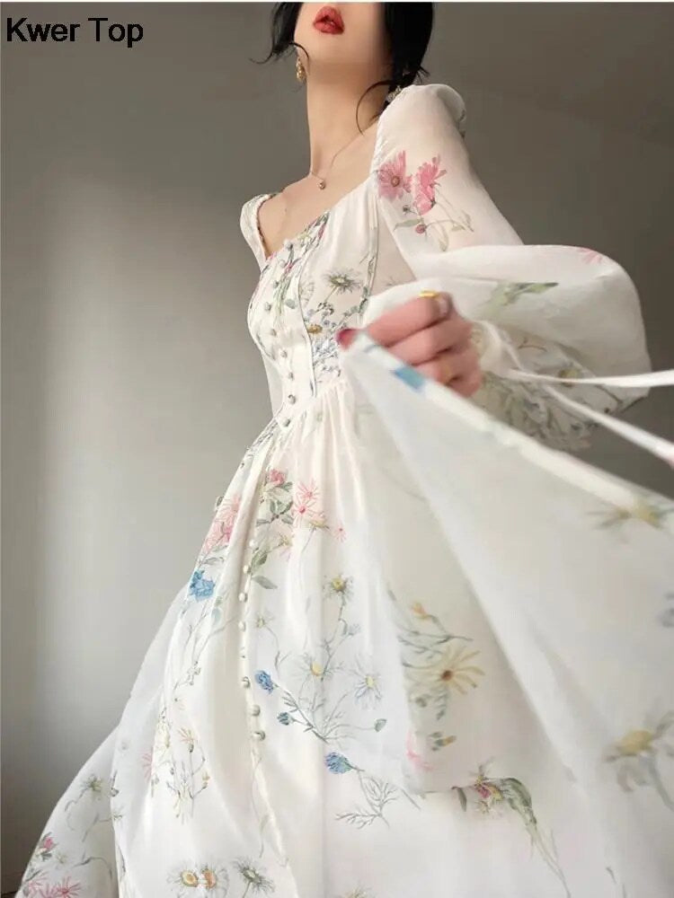 kamames Elegant Floral Party Dress Romantic One Piece Fairy Beach Dresses Woman Lantern Sleeve Evening Prom Vestidos 2024 Summer