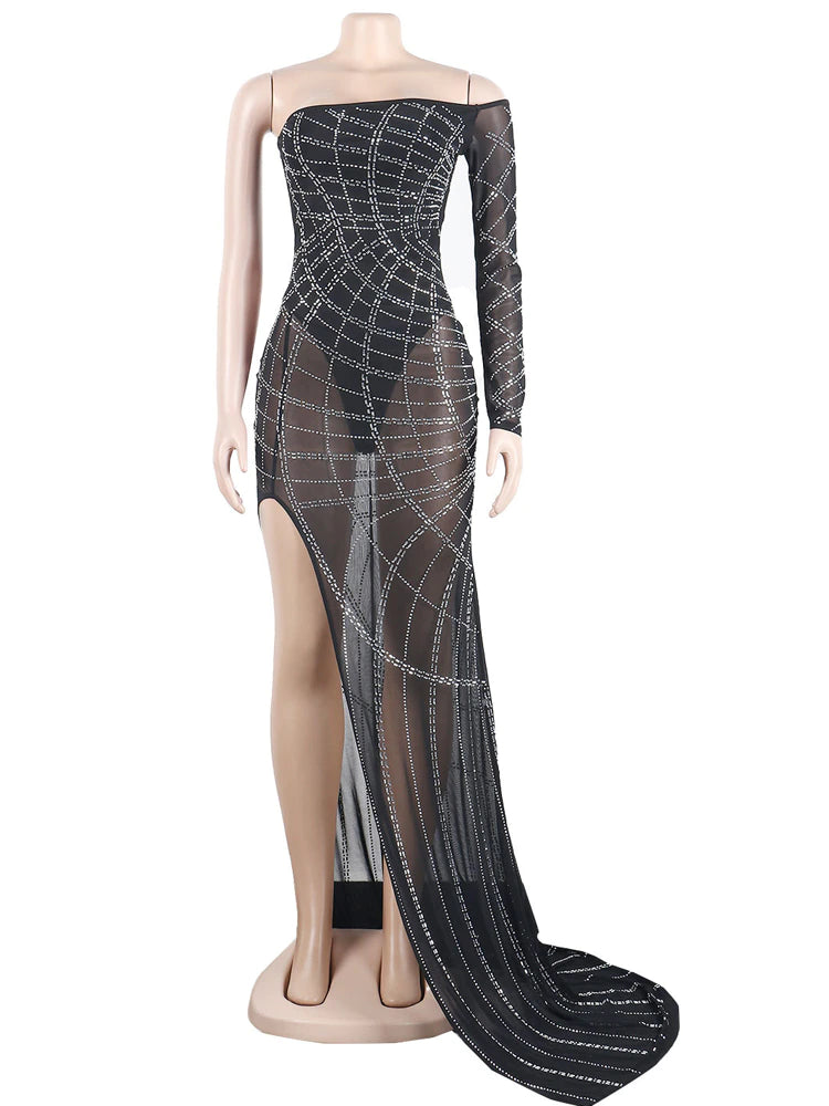 kamames Sexy Rhinestone Crystal Sheer Side Split Irregular Maxi Dress Women Off The Shoulder One Sleeve Party Club Long Dress