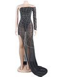 kamames Sexy Rhinestone Crystal Sheer Side Split Irregular Maxi Dress Women Off The Shoulder One Sleeve Party Club Long Dress