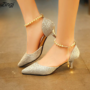 kamames Pointed toe Pearl High heels shoes Female Fashion hollow with Sandals Paillette of the Thin Breathable shoes Women Pumps
