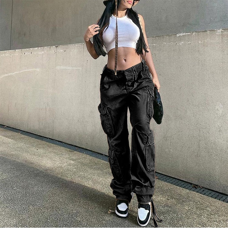 kamames Green Cargo Pants Baggy Jeans Women Fashion Streetwear Pockets Straight High Waist Casual Vintage Denim Trousers Overalls