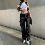 kamames Green Cargo Pants Baggy Jeans Women Fashion Streetwear Pockets Straight High Waist Casual Vintage Denim Trousers Overalls