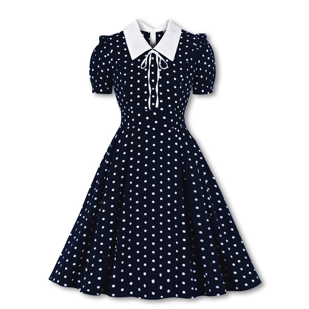 kamames Green Vintage Retro Chiffon Party Women Dress Polka Dots Print Turn Down Collar With Bow Rockabilly A Line Party Sundress
