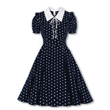 kamames Green Vintage Retro Chiffon Party Women Dress Polka Dots Print Turn Down Collar With Bow Rockabilly A Line Party Sundress