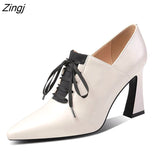 kamames Heels Hoof Pumps Women Lace Up Pumps Cow Leather Shoes Female Fashion Pointed Toe OL Shoes Women Autumn 2023 New