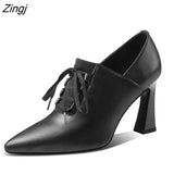 kamames Heels Hoof Pumps Women Lace Up Pumps Cow Leather Shoes Female Fashion Pointed Toe OL Shoes Women Autumn 2023 New