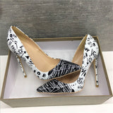 kamames fashion pointed toe 12cm high-heeled exquisite black white graffiti elegant single shoes ladies party shoes QP014 ROVICIYA