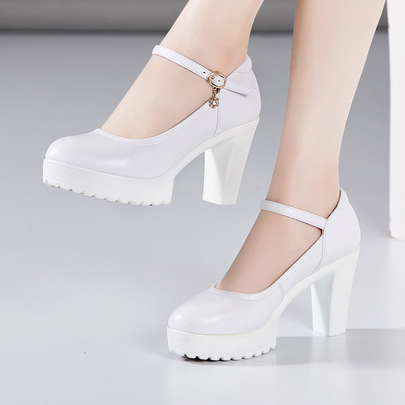 kamames Cowhide Catwalk High Heels Women's Anti-Skid Thick Heel Waterproof Platform Cheongsam Models Soft Leather Work Shoes Women's Singles