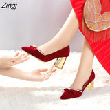 kamames Red Velvet Pearls Pumps Woman Sexy Pointed Toe Thin High Heels Party Wedding Shoes Women Spring 2023 Zapatos Lady