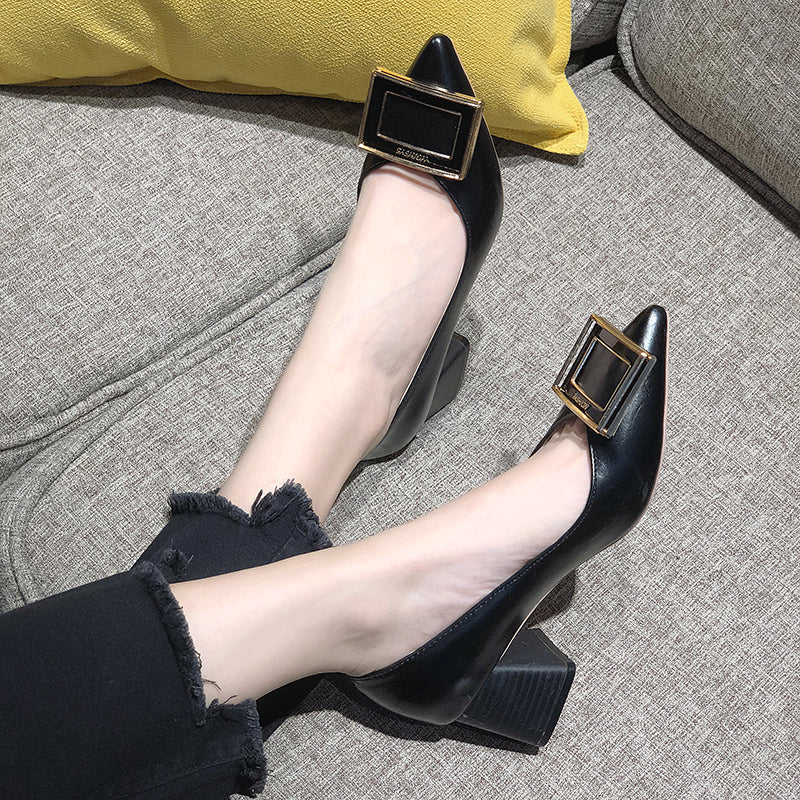 kamames Heels Pointed Toe Pumps Shoes Women Leather Med Heels V Mouth Casual Office Lady OL Shoes 5 cm Heel