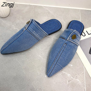 kamames Design Slippers 2023 Spring New Pointed Deep Mouth Thick High-heeled Denim Outer Wear Baotou Slippers Shoes for Women