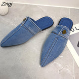 kamames Design Slippers 2023 Spring New Pointed Deep Mouth Thick High-heeled Denim Outer Wear Baotou Slippers Shoes for Women
