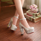 kamames Gold Silver Platform Women Heels Sequined Chunky High Heel Pumps Summer Party Wedding Lady Shoes