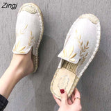 kamames Flower Embroider Shoes Woman Hemp Canvas Flats Shoes Ladies Espadrilles Loafers Round Toe Cotton Moccasins Shoe Walking