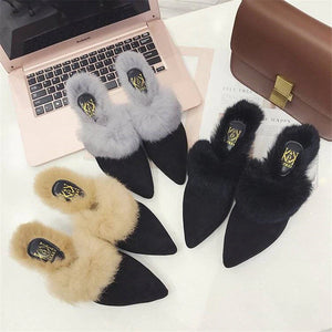 kamames Rabbit Fur Slippers Mules Pointed Toe Elegant High heels Shoes Women's Autumn New Furry Slides Flip Flops Office Work Shose