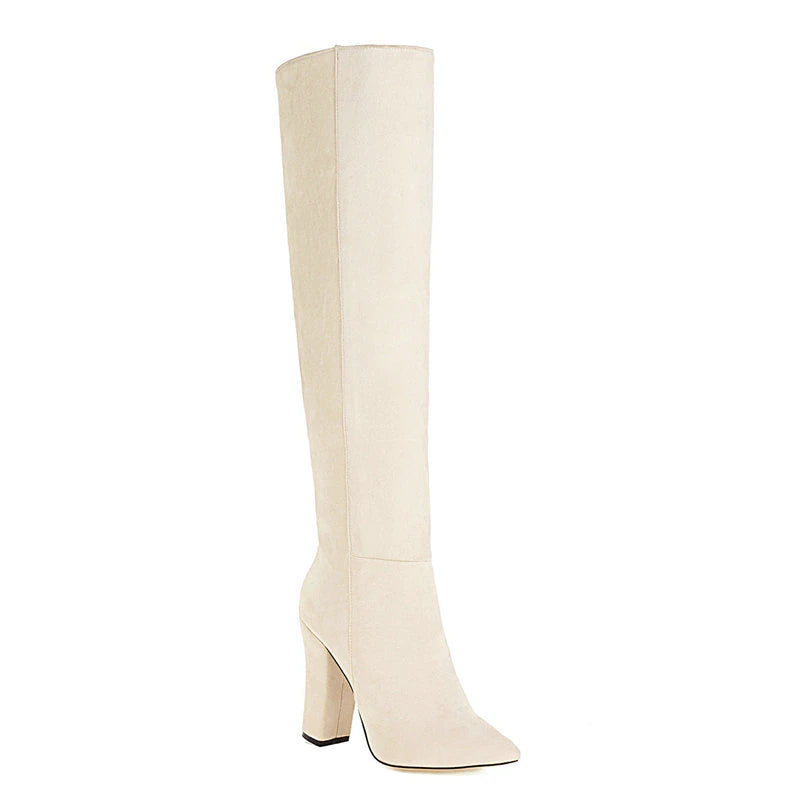 kamames Faux Suede Knee High Boots Winter Women Boots Square High Heel Long Boots Slip On Pointed Toe Fashion Woman's Boots Shoes