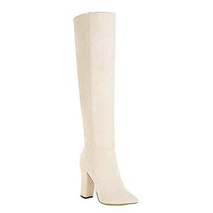 kamames Faux Suede Knee High Boots Winter Women Boots Square High Heel Long Boots Slip On Pointed Toe Fashion Woman's Boots Shoes