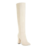 kamames Faux Suede Knee High Boots Winter Women Boots Square High Heel Long Boots Slip On Pointed Toe Fashion Woman's Boots Shoes