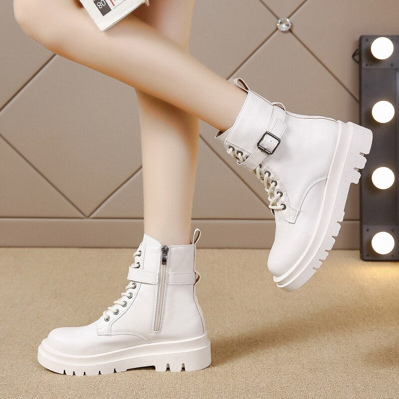 kamames Punk Ankle Thick-soled Motorcycle Ankle Boots Women's Lace-up Spring Thick Heel Belt Buckle Pocket Designer Chunky Shoes