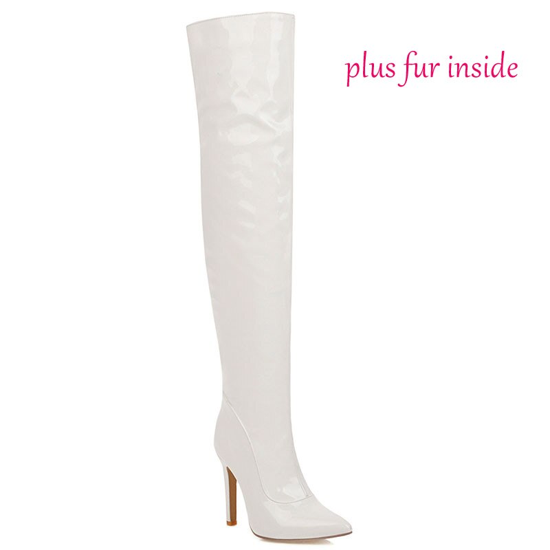 kamames Sexy Mirror Leather Thigh High Boots Women High Heels Over The Knee Boots For Women Point Toe White Red Fetish Party Long Shoes