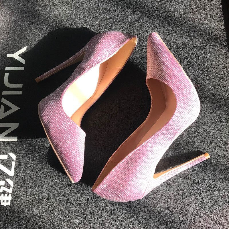 kamames Pumps Women 12cm Thin High Heels Shoes Sexy Glitter Leather Bright Pointed Toe Female Stiletto Bling Bling LF015 ROVICIYA