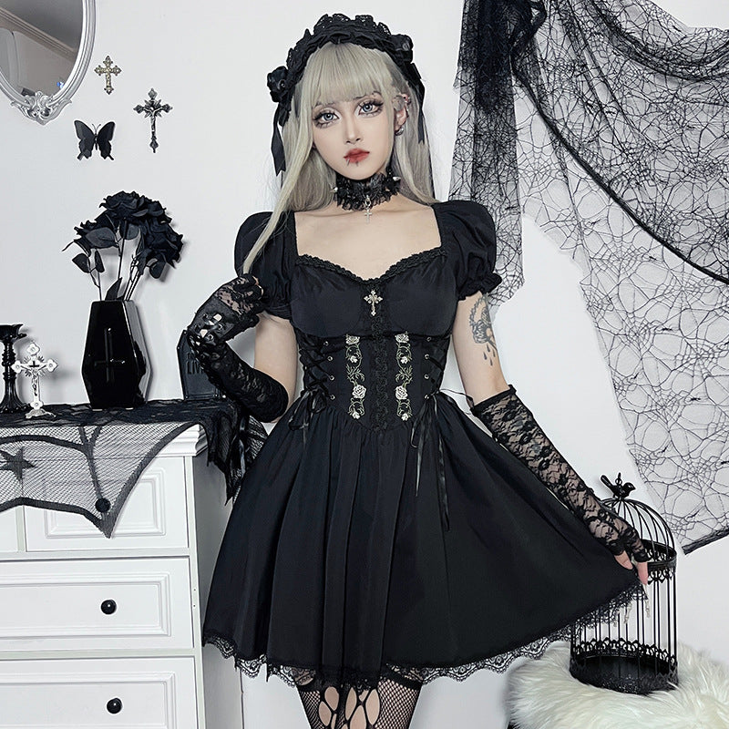 kamames Cross Print Strap Shoulder Lace Spliced Dress Dark Sexy Slim Princess Dress
