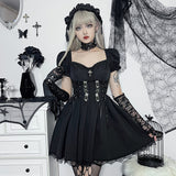 kamames Cross Print Strap Shoulder Lace Spliced Dress Dark Sexy Slim Princess Dress