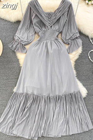 kamames Pleated Party Midi Dress Women Sexy Slash Neck Off Shoulder Flare Long Sleeve Draped Ruffle Vestidos Female New