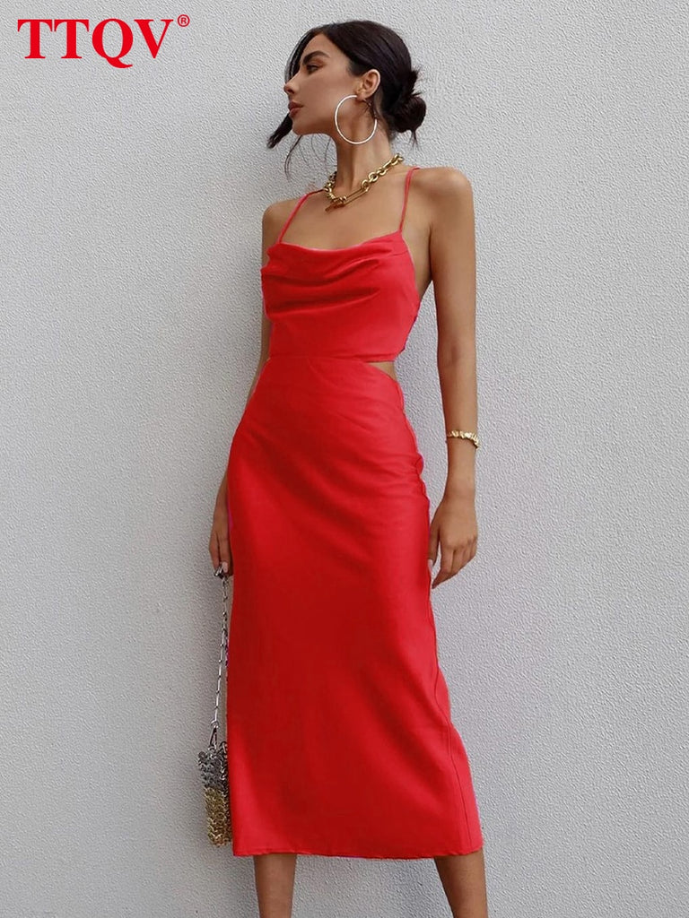 kamames Sexy Strap Pink Satin Dress Summer Sleeveless Hollow Out Midi Dress Bodycon Lace-up Backless Party Dresses For Women 2022