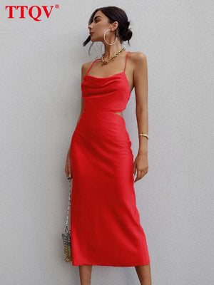 kamames Sexy Strap Pink Satin Dress Summer Sleeveless Hollow Out Midi Dress Bodycon Lace-up Backless Party Dresses For Women 2022