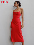 kamames Sexy Strap Pink Satin Dress Summer Sleeveless Hollow Out Midi Dress Bodycon Lace-up Backless Party Dresses For Women 2022