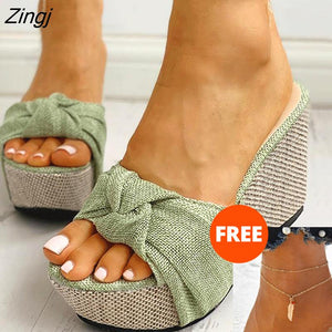 kamames Gift Feet Chain Slip On Leisure Platform Summer Sandals 2023 Wedges High Heels Women Shoes Woman Mules Flip Flops