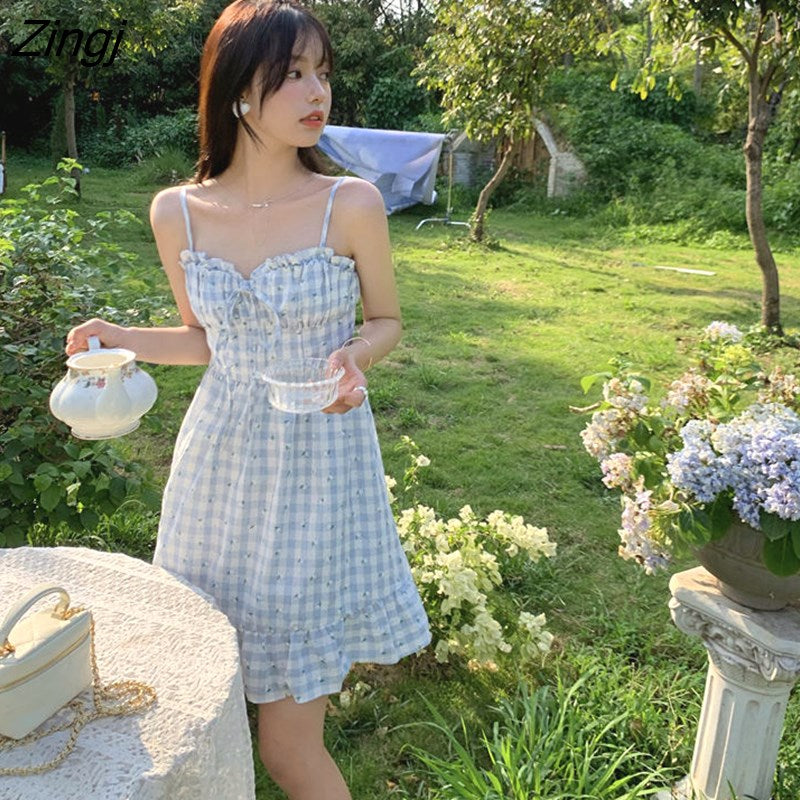 kamames Dress Women Plaid Sweet Summer Preppy Holiday Girls Sundress Ulzzang Party Empire Ladies Clothing A-line Retro Basic
