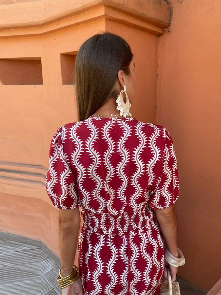 kamames Elegant Print Ruffle Hem Maxi Dress For Women Fashion V-neck Puff Short Sleeve Hollow Out Robe 2024 Lady Vacation Vestido