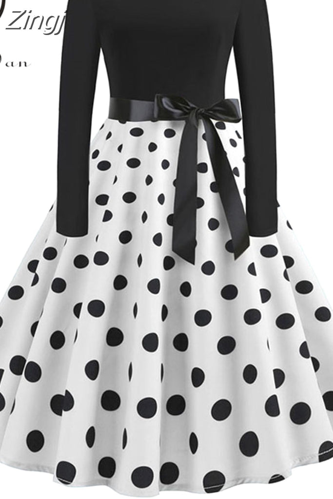 kamames Print Vintage Women New Spring Elegant Party Long Sleeve Casual Black Patchwork Midi Dress