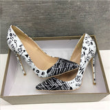 kamames fashion pointed toe 12cm high-heeled exquisite black white graffiti elegant single shoes ladies party shoes QP014 ROVICIYA
