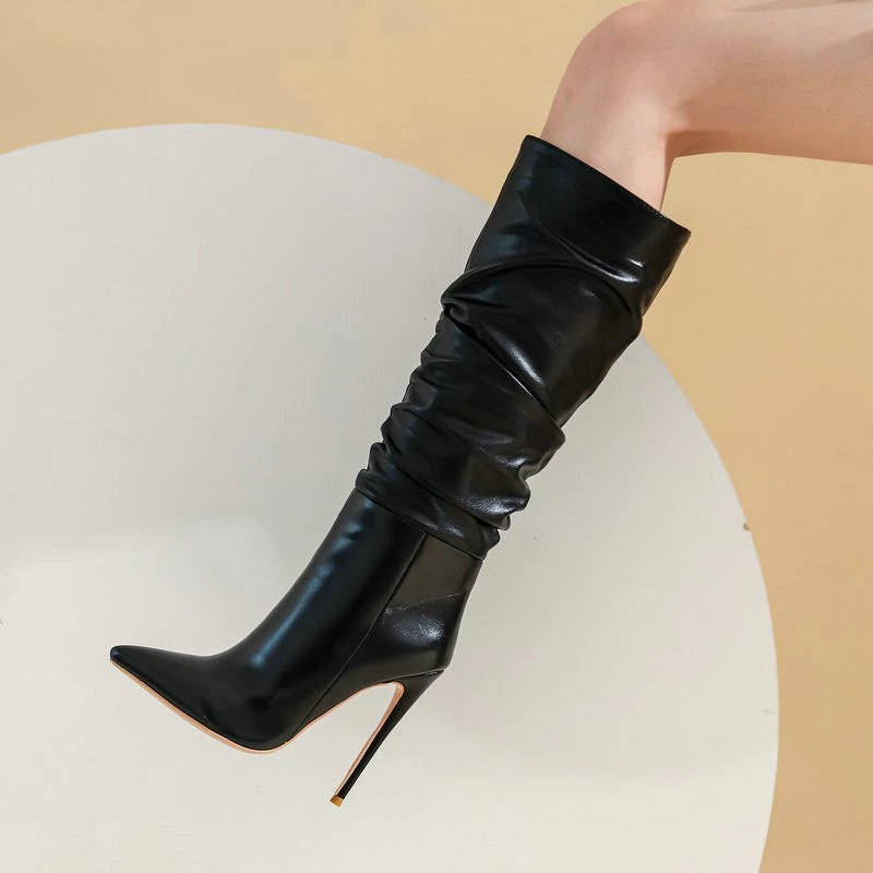 kamames Autumn Winter Women Boots Pleated Fashion Knee High Boots Sexy Thin High Heel Slip On Long Boots Pointed Toe Shoes Size 43