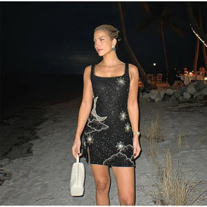 kamames Sequins Printed Sling Mini Dress Women Backless Sleeveless Slim Splited A-line Dresses 2024 Fashion Lady Party Vestidos