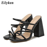 kamames Sexy Snake Print Leather Women Slippers Outdoor Open Toe Sliders Shoes Fashion Square High Heels Summer Sandals