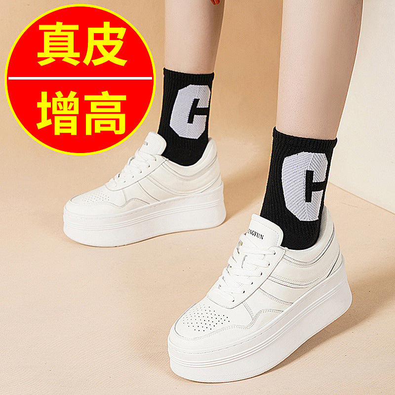 kamames Cowhide Small White Shoes Women's Leather Strapped Thick-Soled Muffin Shoes Fashion Leisure Shoes Breathable Anti-Skid Shoes White Shoes